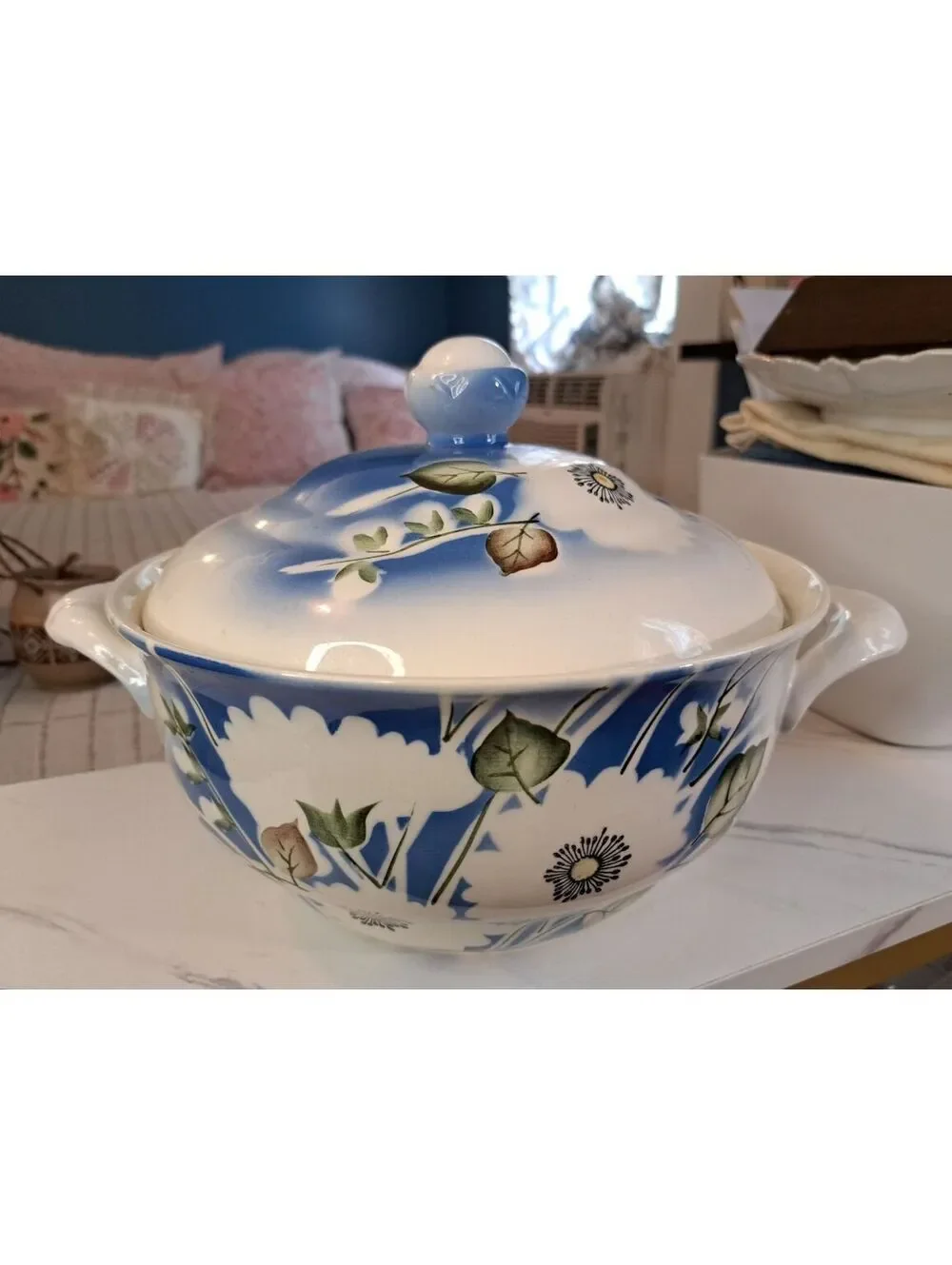Vintage Faience Soup Tureen Blue Floral Soviet Era Krasnodar Porcelain 